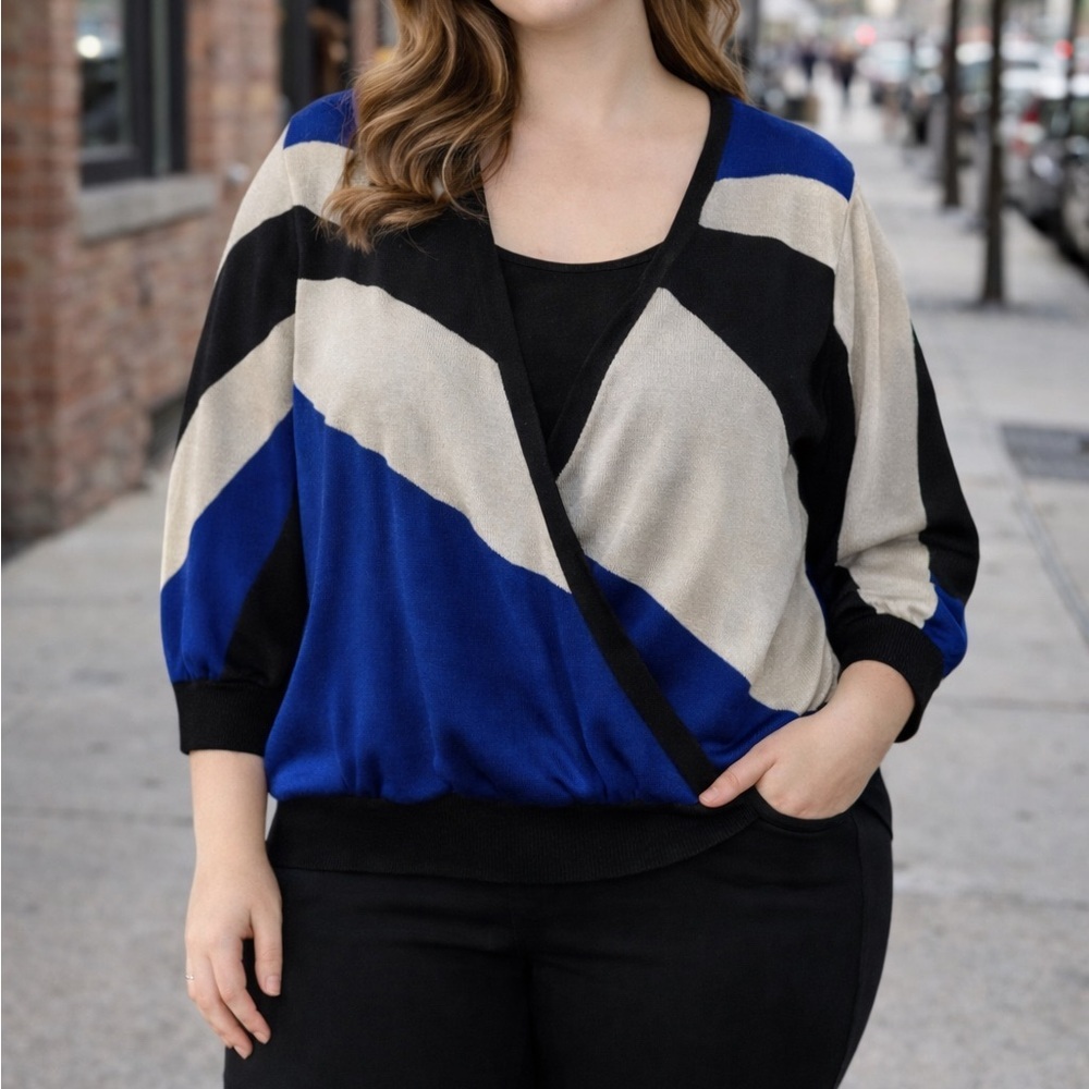 Vintage Jones New York Color Block Sweater | 1980s Retro Knit Top | 1X